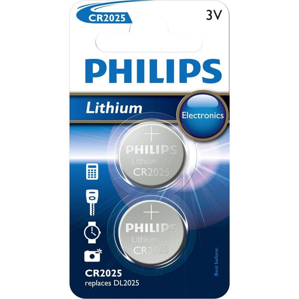 Confezione con due batterie a bottone al litio Philips CR2025 da 3V.