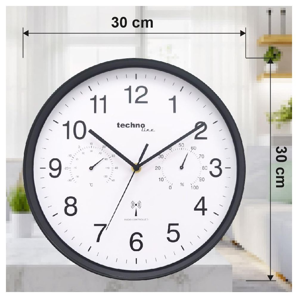Eine 30cm runde Wanduhr mit Zifferblatt, Zeigern, Hygrometer und Thermometer.