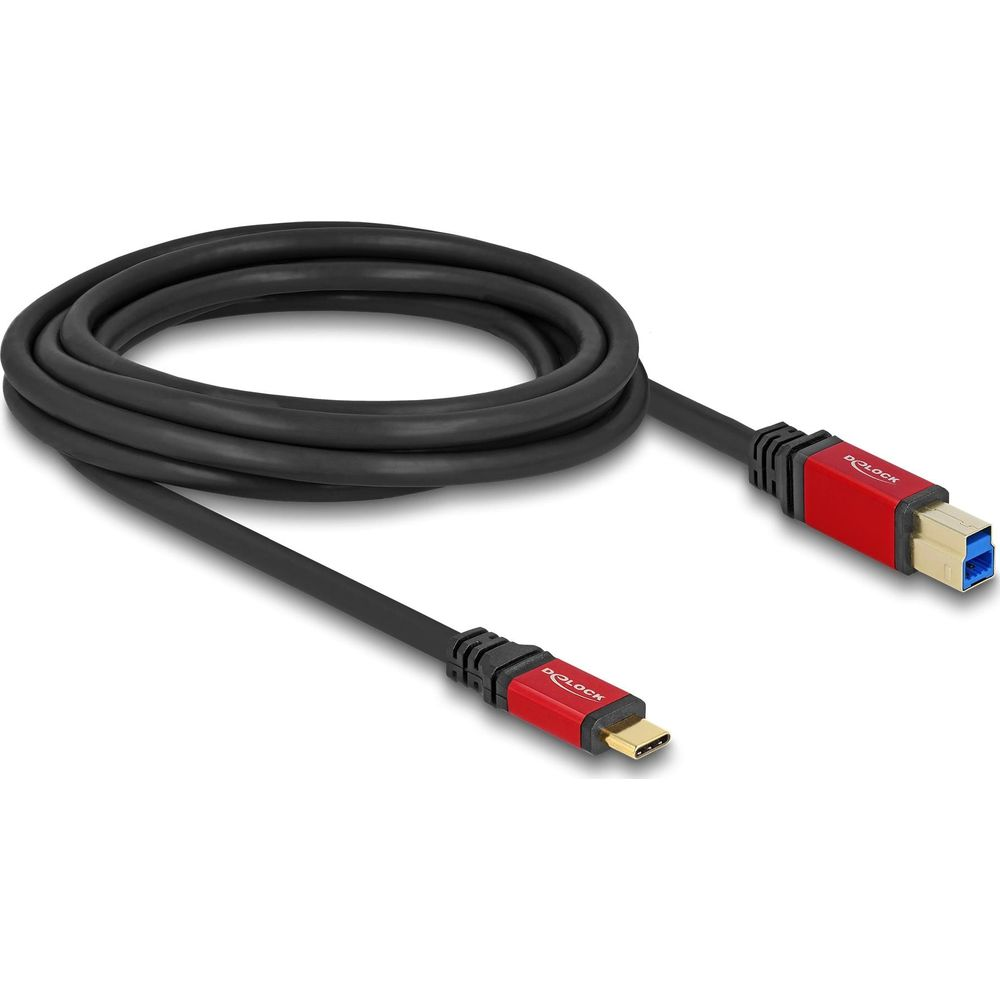 Schwarzes USB-Kabel mit roten Anschlüssen, ein USB-A, ein USB-C.