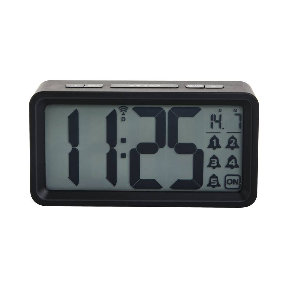 Ein schwarzer Digitalwecker zeigt 11:25 Uhr mit Symbolen für Alarm und Datum.
