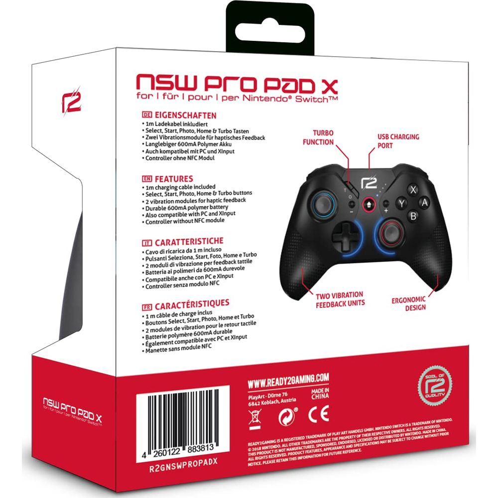 Emballage d'une manette Pro noire Nintendo Switch avec caractéristiques.