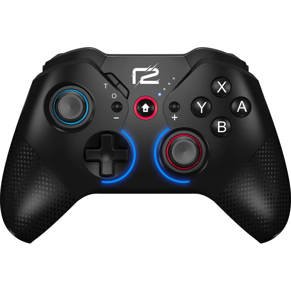Manette de jeu noire avec anneaux bleus lumineux autour des joysticks et boutons.