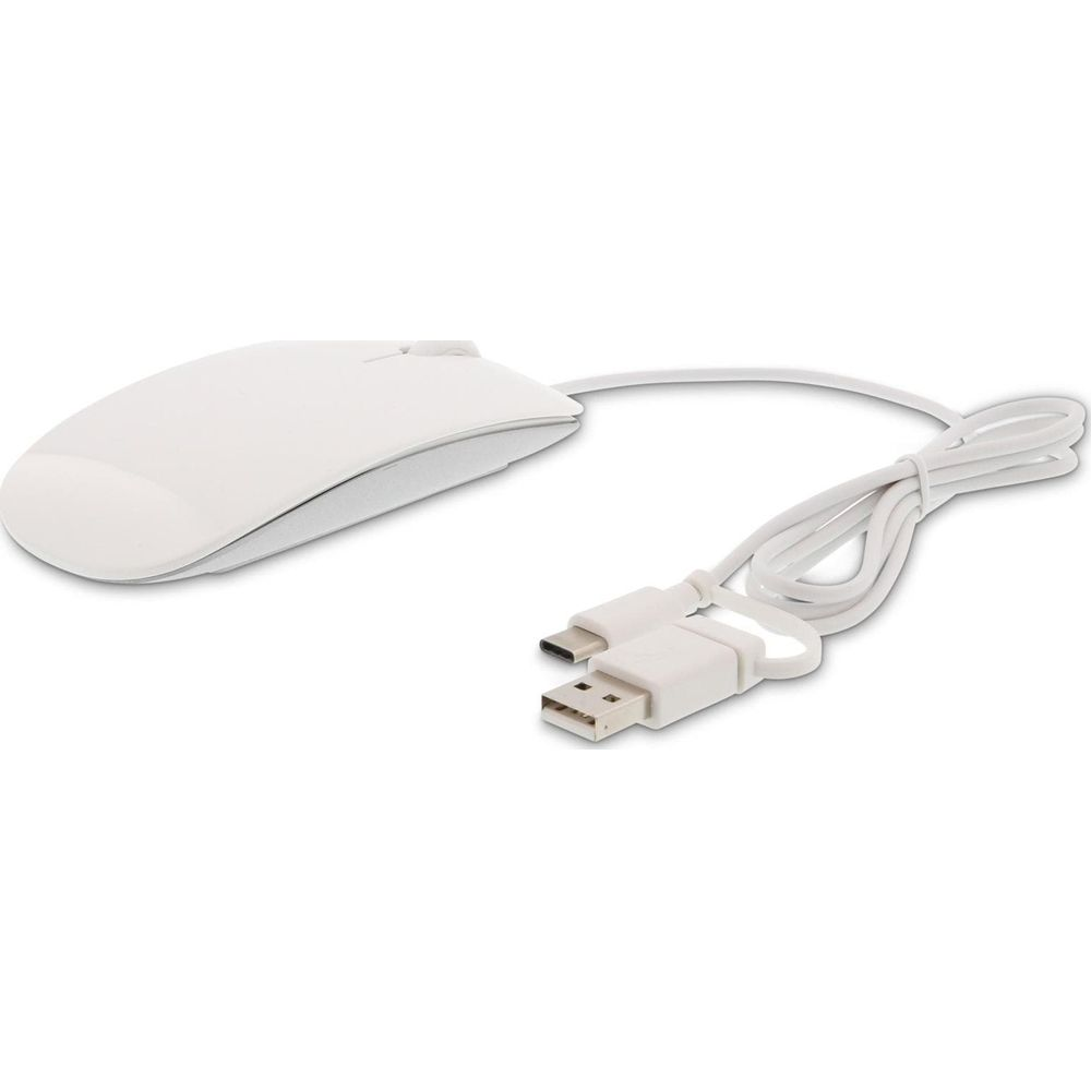 Un ratón de ordenador blanco con conectores USB-C y USB-A.