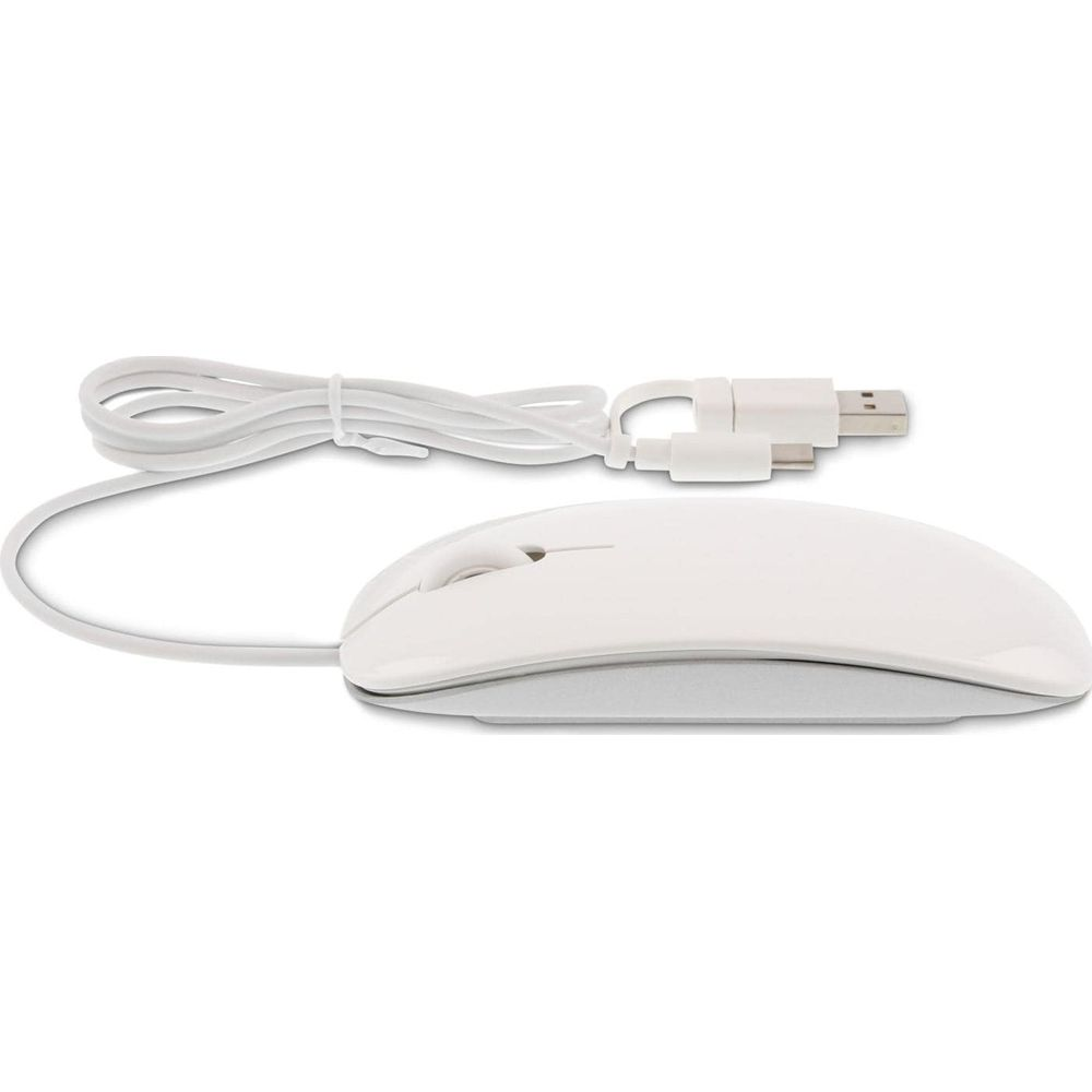 Un ratón de ordenador USB blanco con cable y conector blancos.