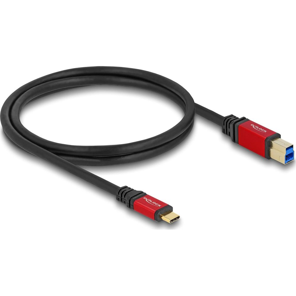Ein schwarzes Kabel mit roten Anschlüssen, einem USB-A und einem USB-C Stecker.