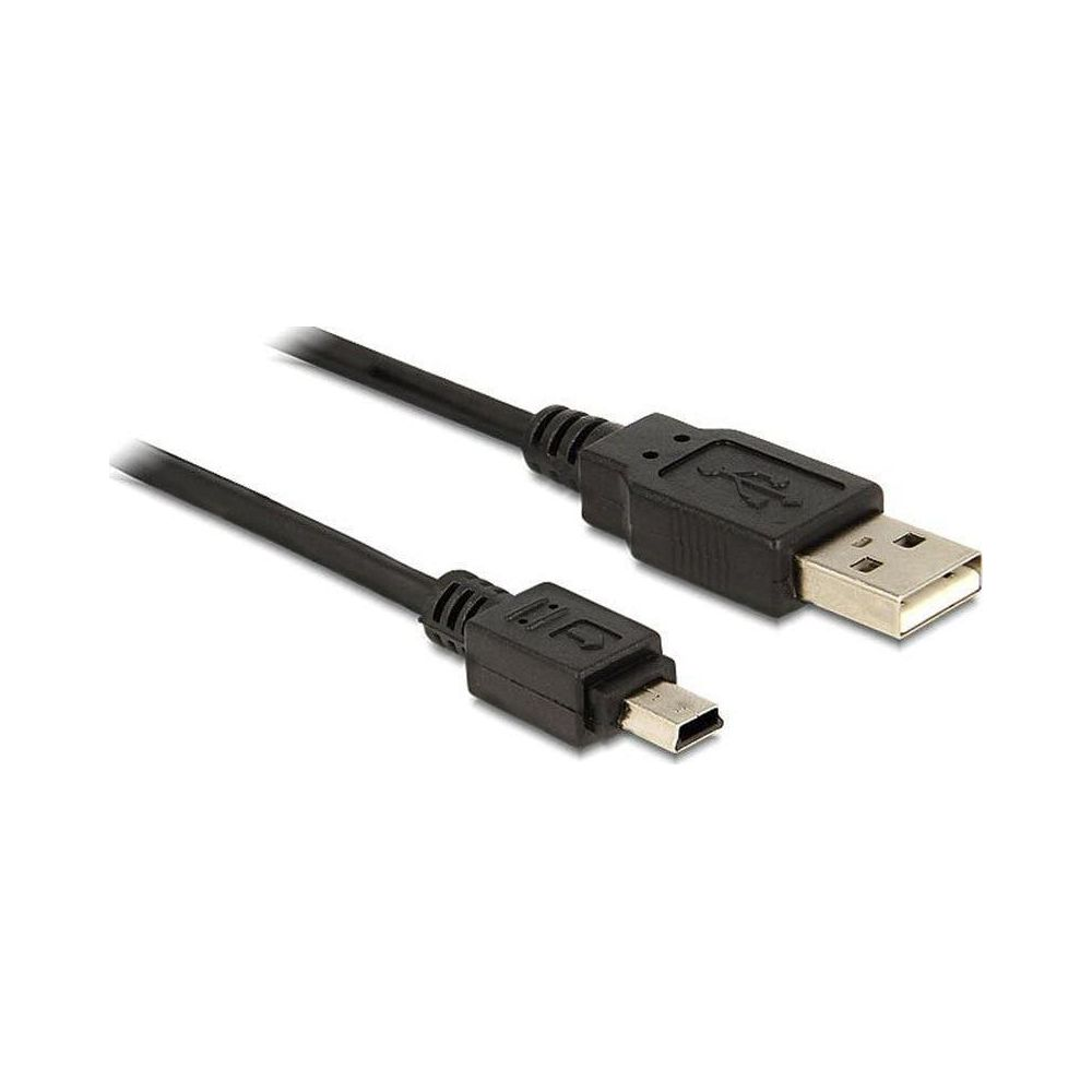 Een zwarte USB-kabel met standaard USB-A en mini-USB-aansluitingen.