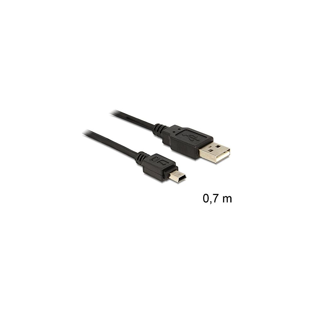 Een zwarte USB-kabel met standaard USB-A en Mini-USB connectoren, 0,7 m.