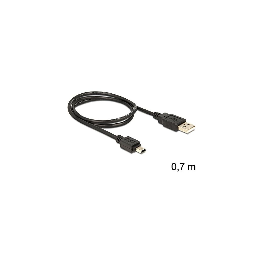 Een zwarte USB-kabel met standaard USB-A en Mini-USB connectoren, 0,7 m.