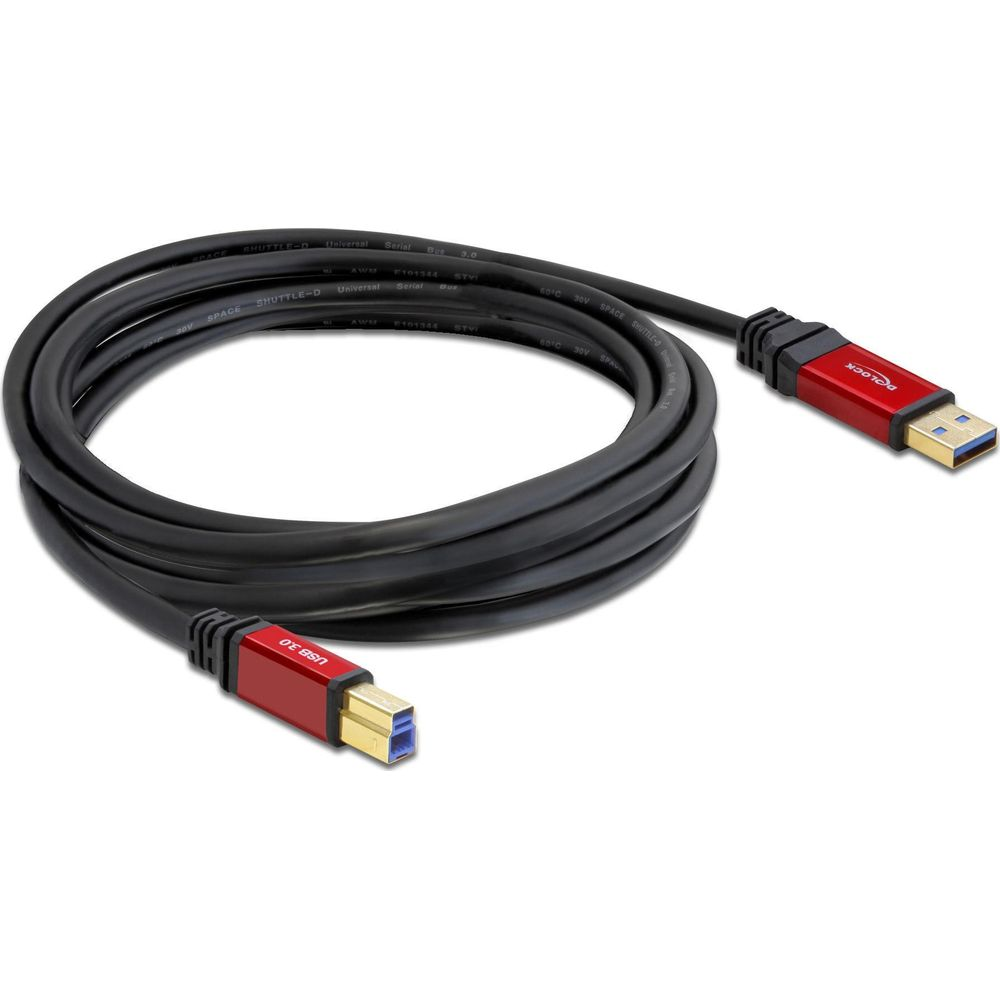 Schwarzes USB 3.0 Kabel mit roten Anschlüssen und blauem Stecker.