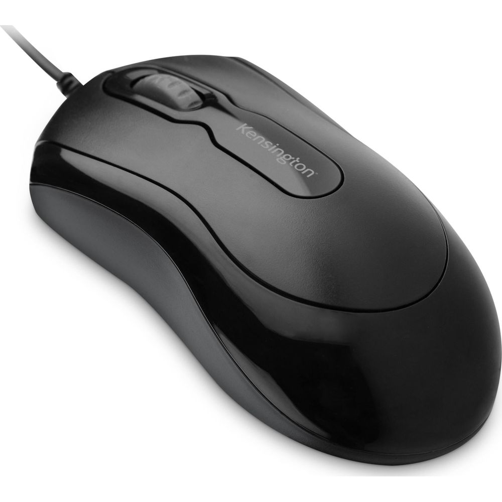Un mouse Kensington nero con rotellina e cavo su sfondo bianco.
