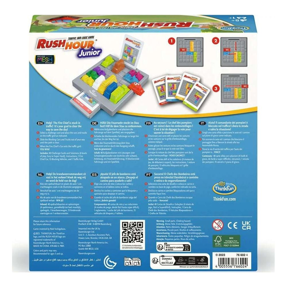 Rush Hour Junior spelbord met auto's en vrachtwagens, spelinstructies.