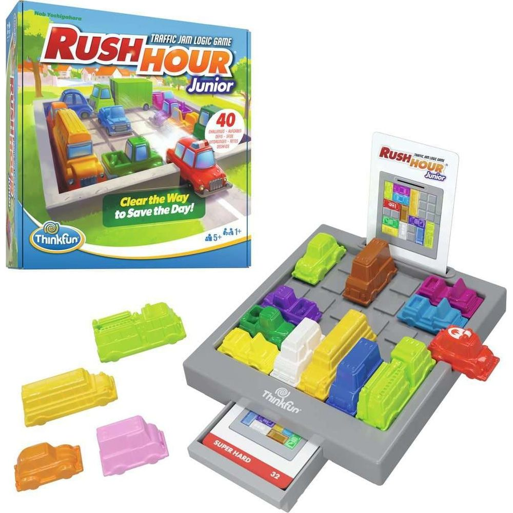 Rush Hour Junior spelbord met kleurrijke auto's en vrachtwagens, en de speldoos.
