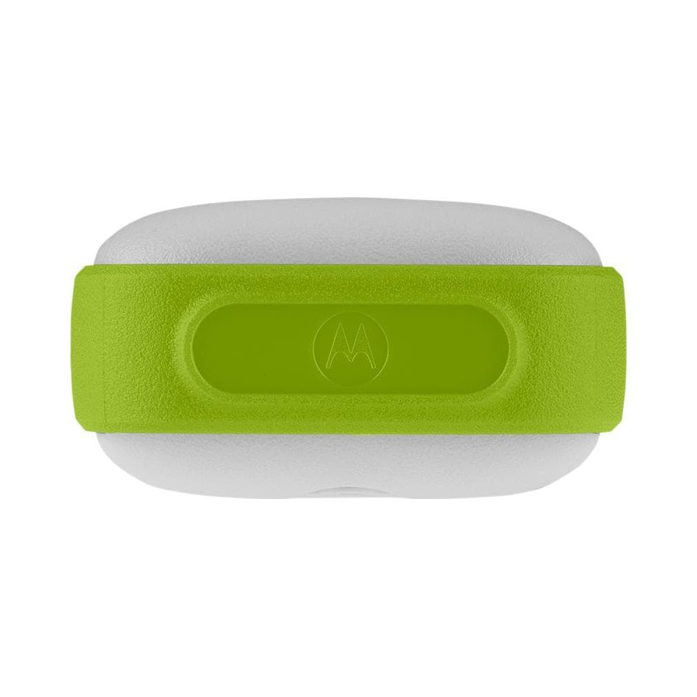 Ein weißes Objekt mit einem grünen Band und dem Motorola-Logo.