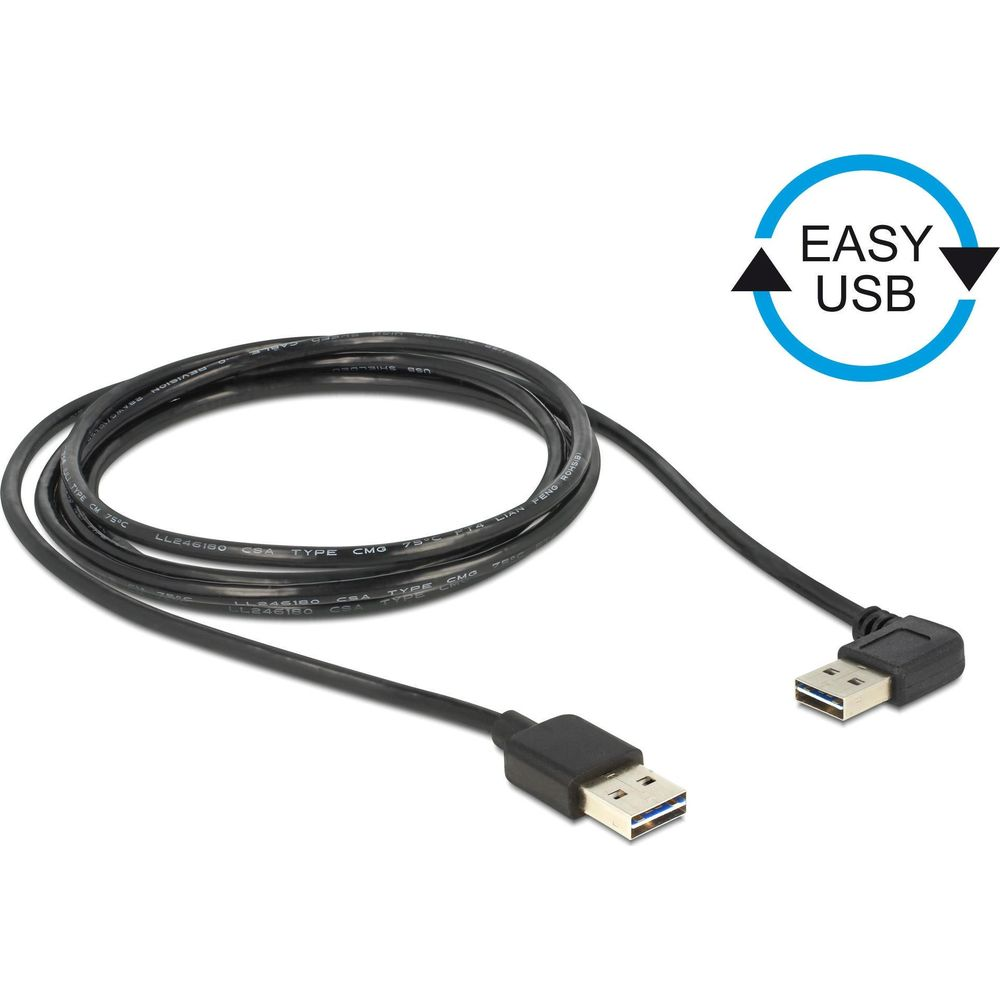Zwarte USB-kabel met rechte en haakse connector. "EASY USB" logo.