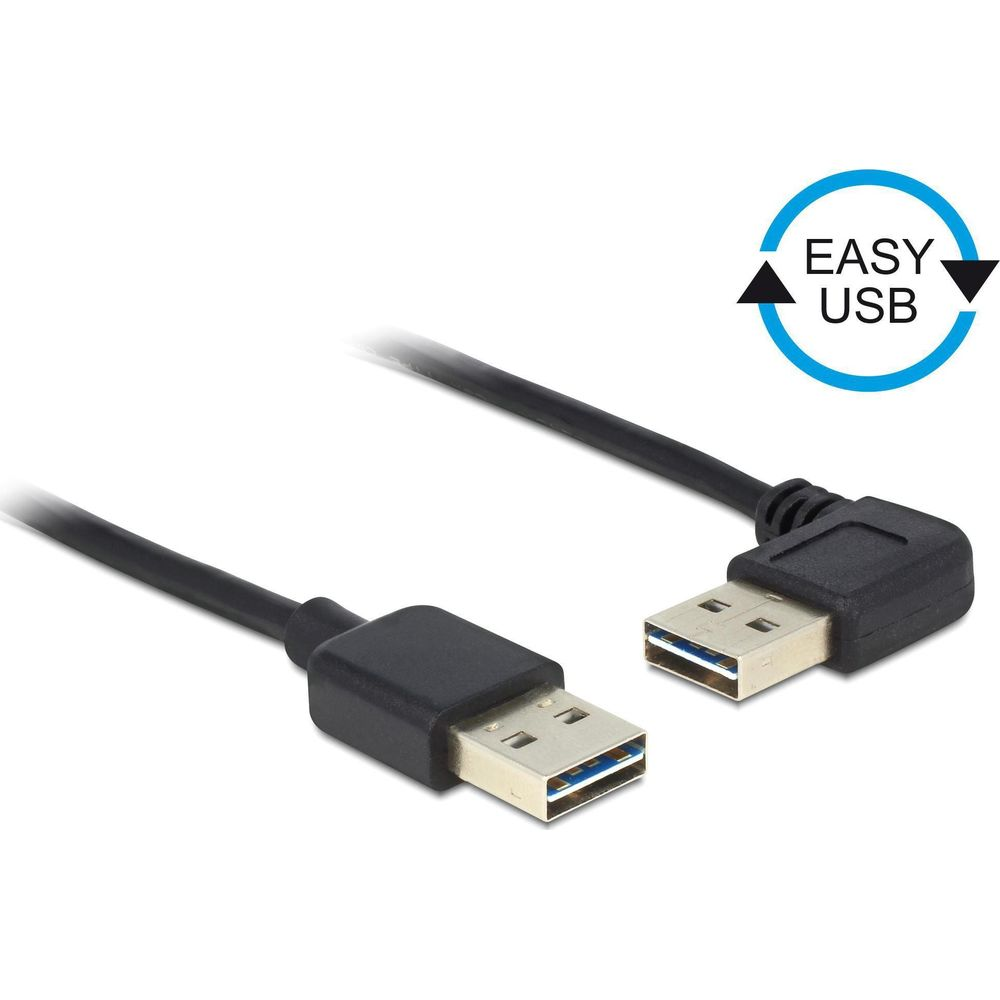Twee USB-kabels met zwarte connectoren en blauwe inzetstukken op witte achtergrond.