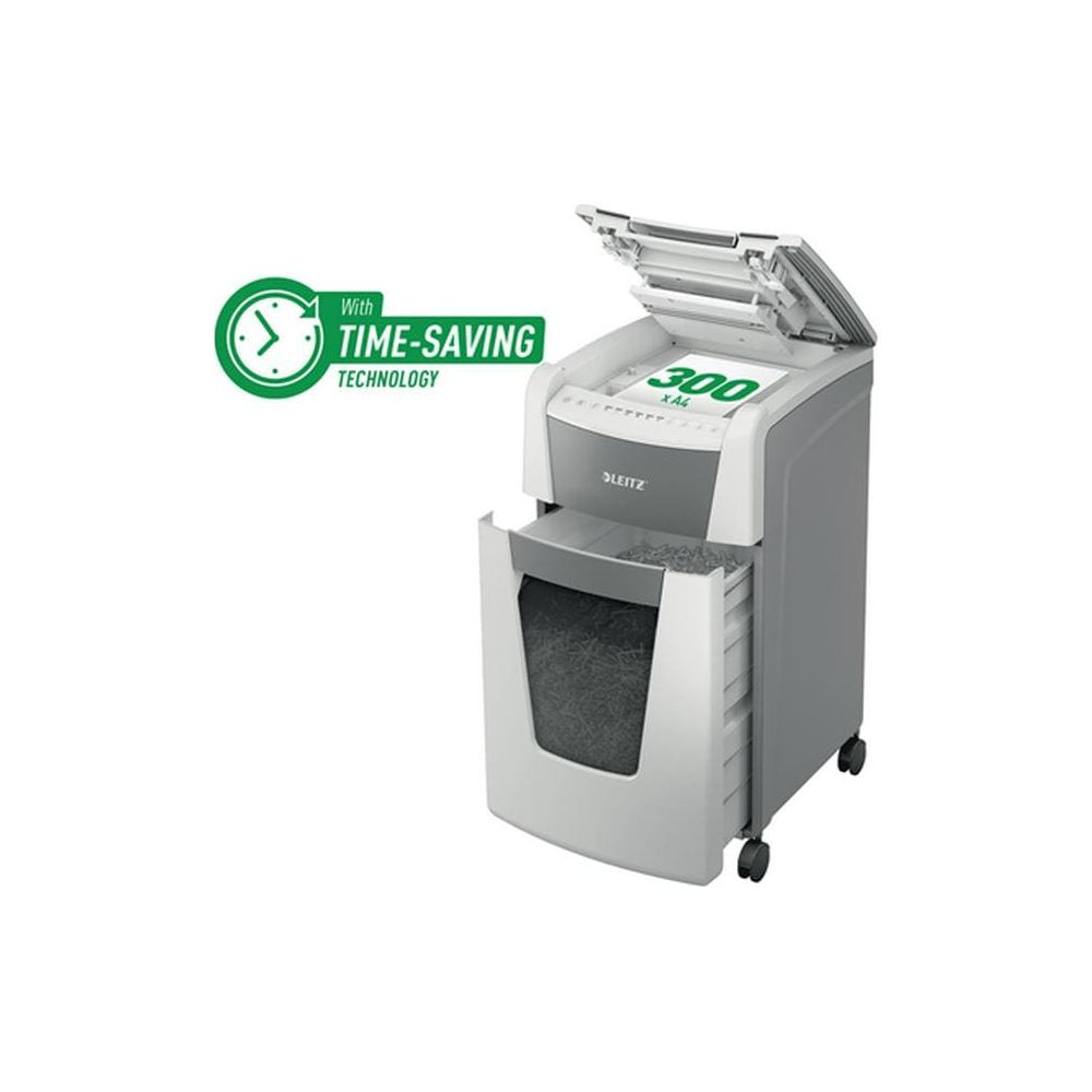 Ein Leitz-Aktenvernichter mit Zeitspar-Technologie. Der Behälter ist mit Shreddergut gefüllt.