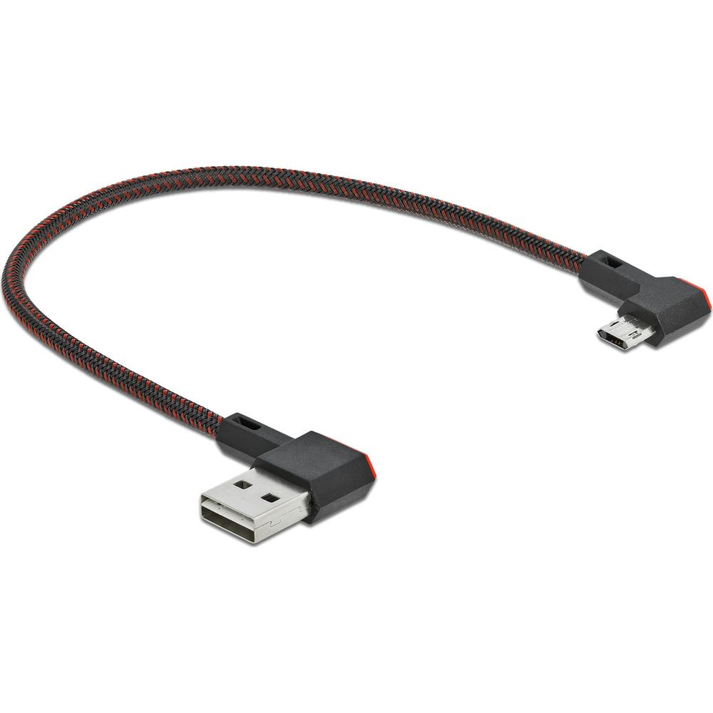 Un cavo USB nero con accenti rossi e connettori a 90 gradi.