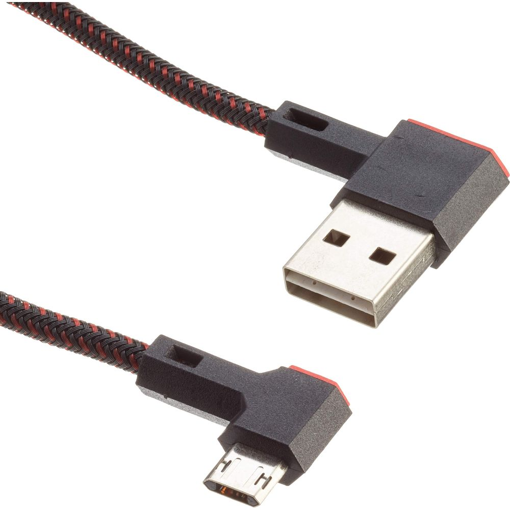 Un cavo USB-C con connettore angolato e accento rosso.