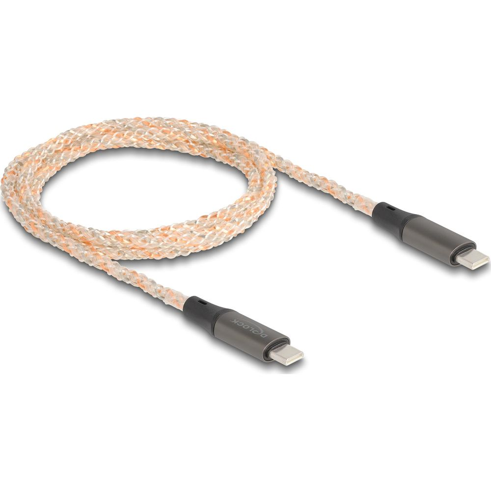 Cavo di ricarica intrecciato con connettori USB-C e Lightning, bianco-arancio.