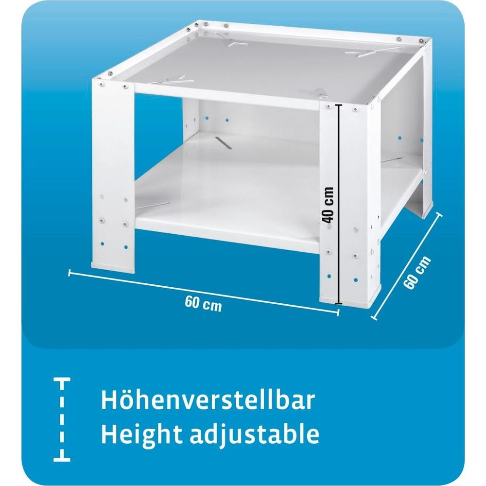 Un soporte metálico blanco y regulable en altura de 60x60x40cm.