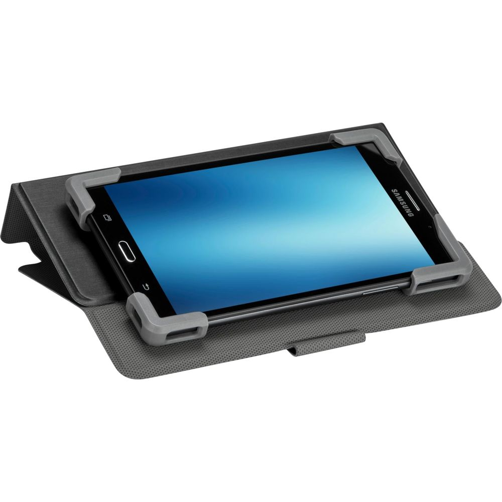 Ein graues Tablet in einer Hülle mit grauen Halterungen. Der Bildschirm ist blau.
