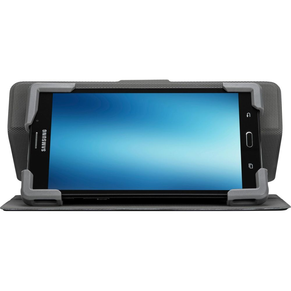 Ein Samsung Tablet in einem grauen Schutzgehäuse mit blauem Bildschirm.
