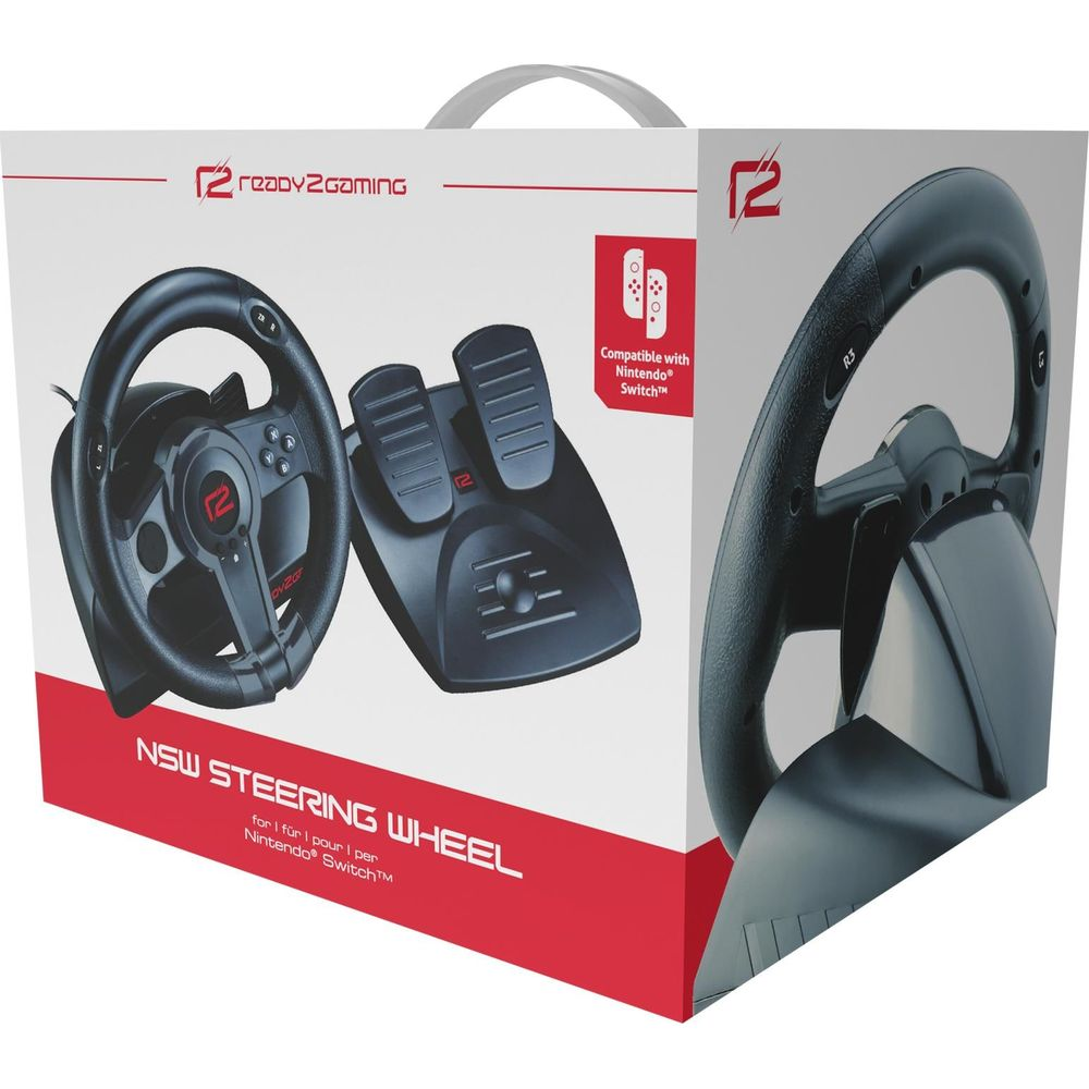 Ein schwarzes Rennlenkrad und Pedalset für die Nintendo Switch.