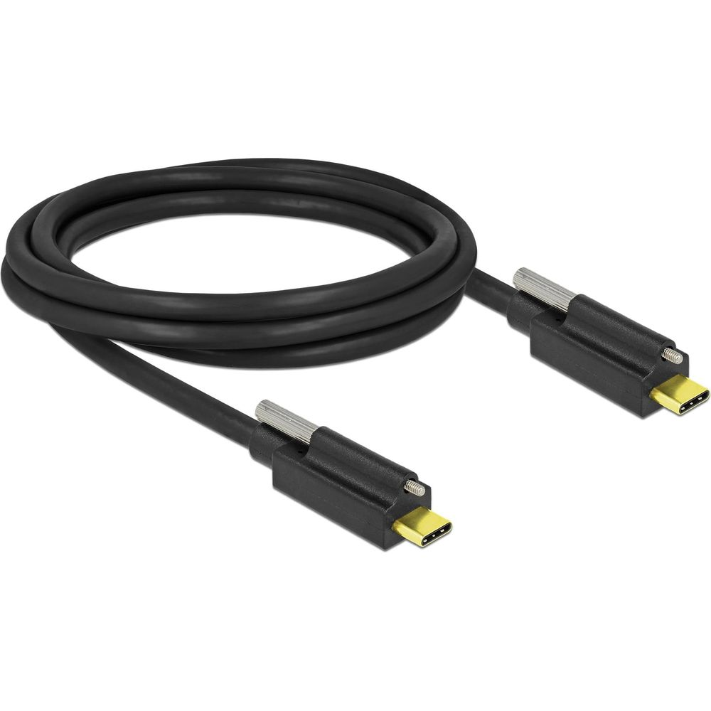 Cavo USB-C nero con due connettori, su sfondo bianco.