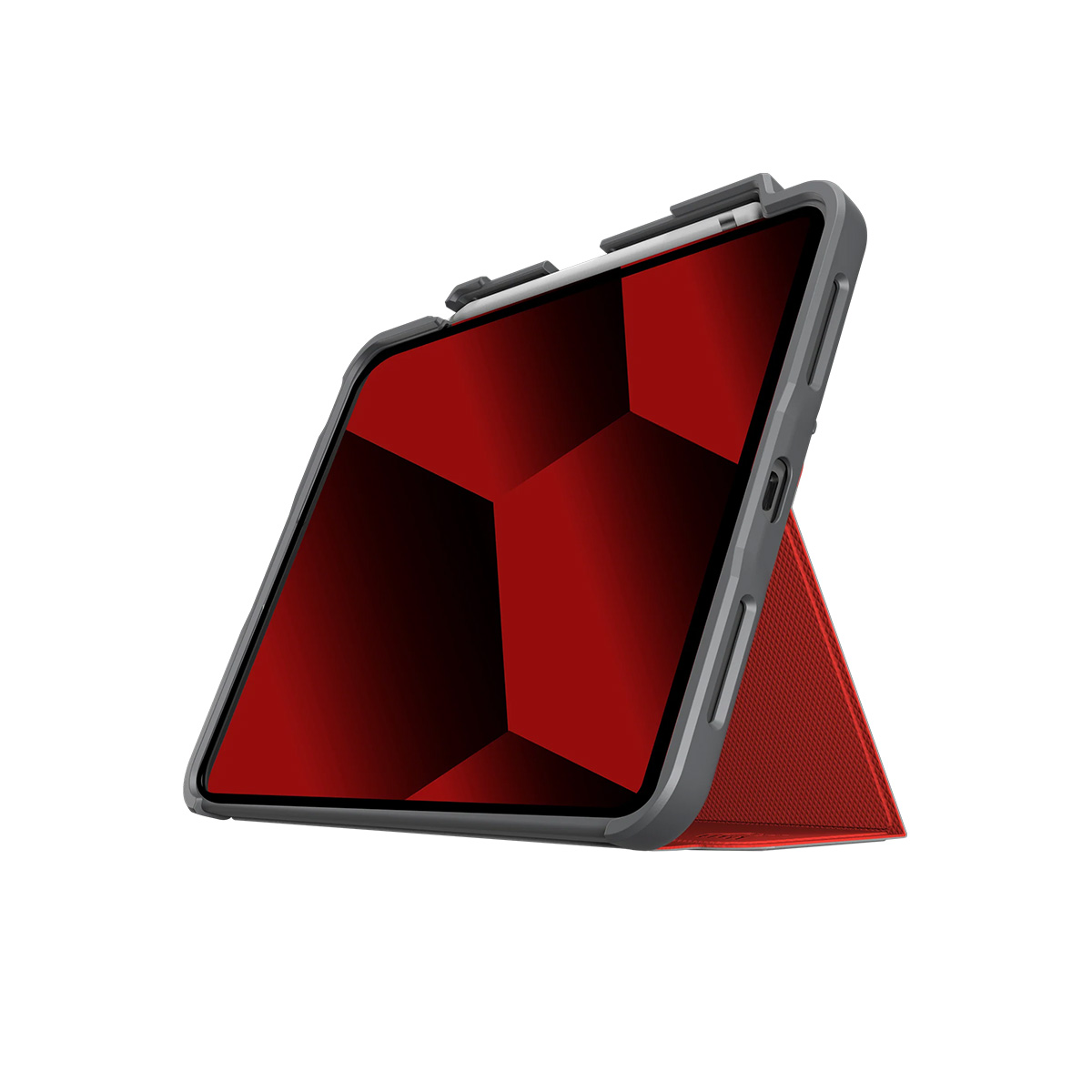 Tablet grigio con supporto rosso e sfondo rosso astratto.