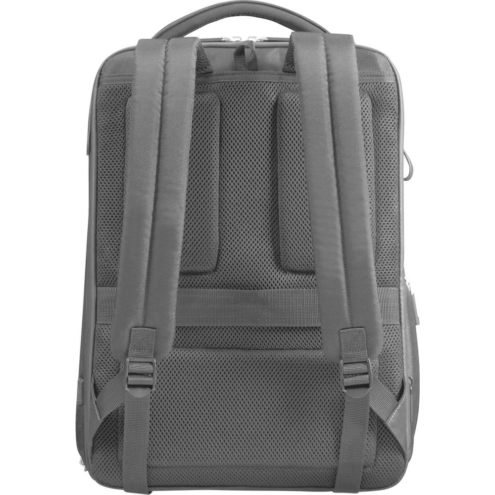 Grauer Rucksack mit gepolstertem Rücken und verstellbaren Trägern.