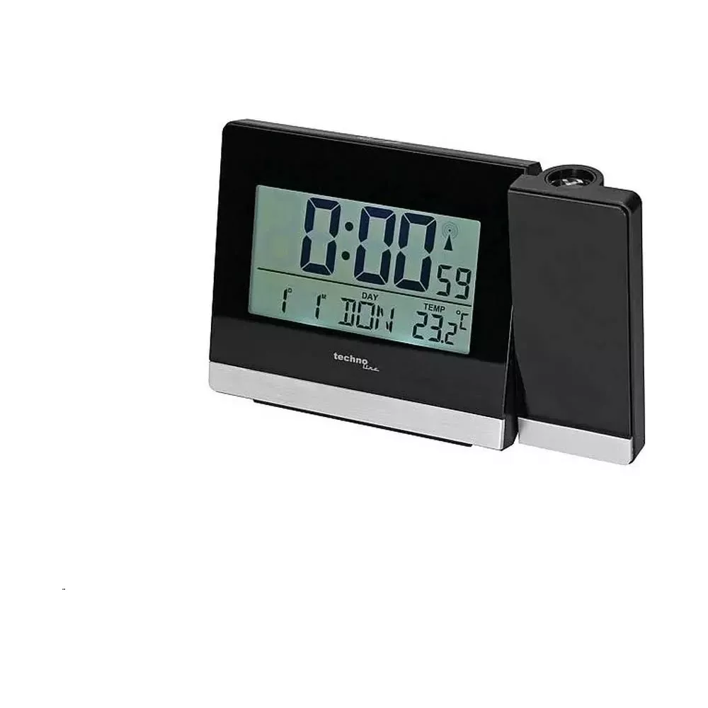Schwarzer Projektionswecker zeigt 0:00:59, Tag, und 23.2°C an.