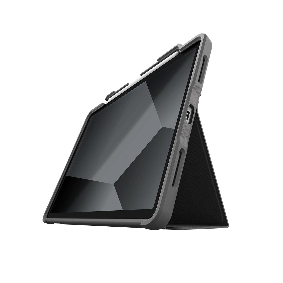 Tablet grigio con supporto in custodia protettiva, su sfondo bianco.