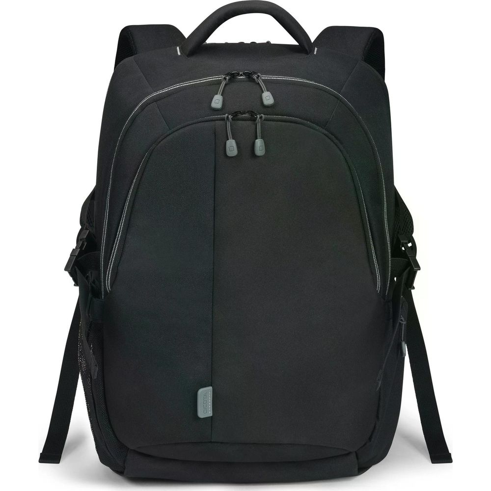 Sac à dos noir avec deux compartiments zippés et une poignée.
