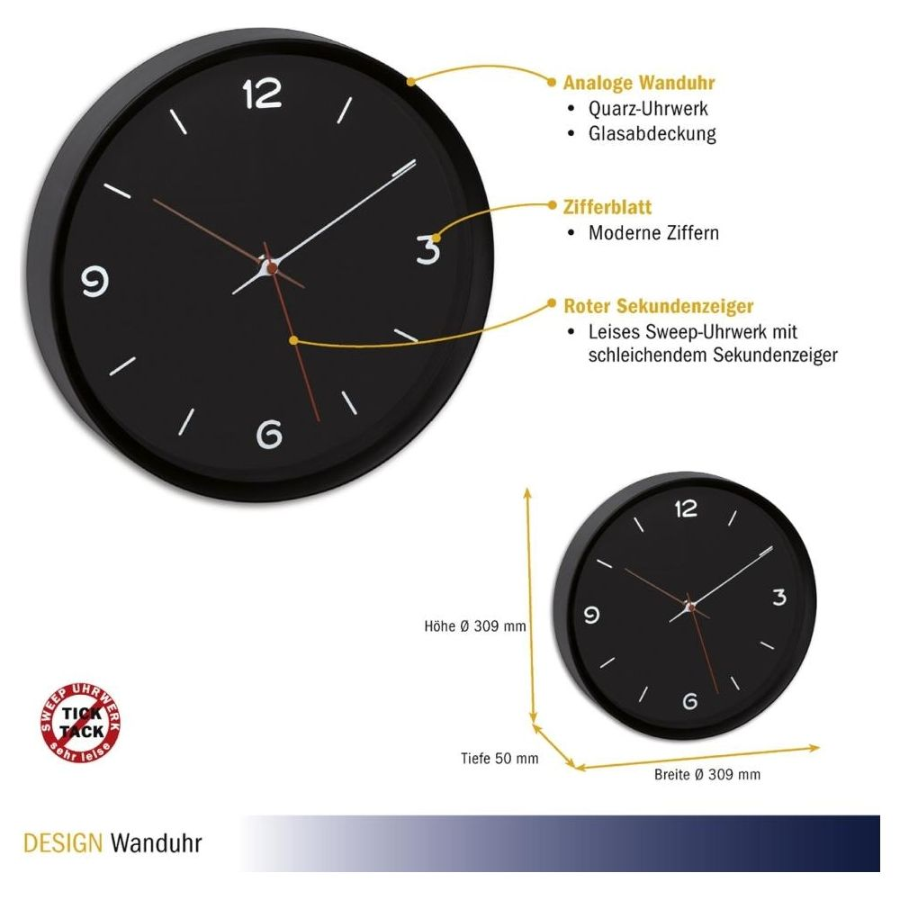 Schwarze Wanduhr mit modernen Ziffern und rotem Sekundenzeiger.