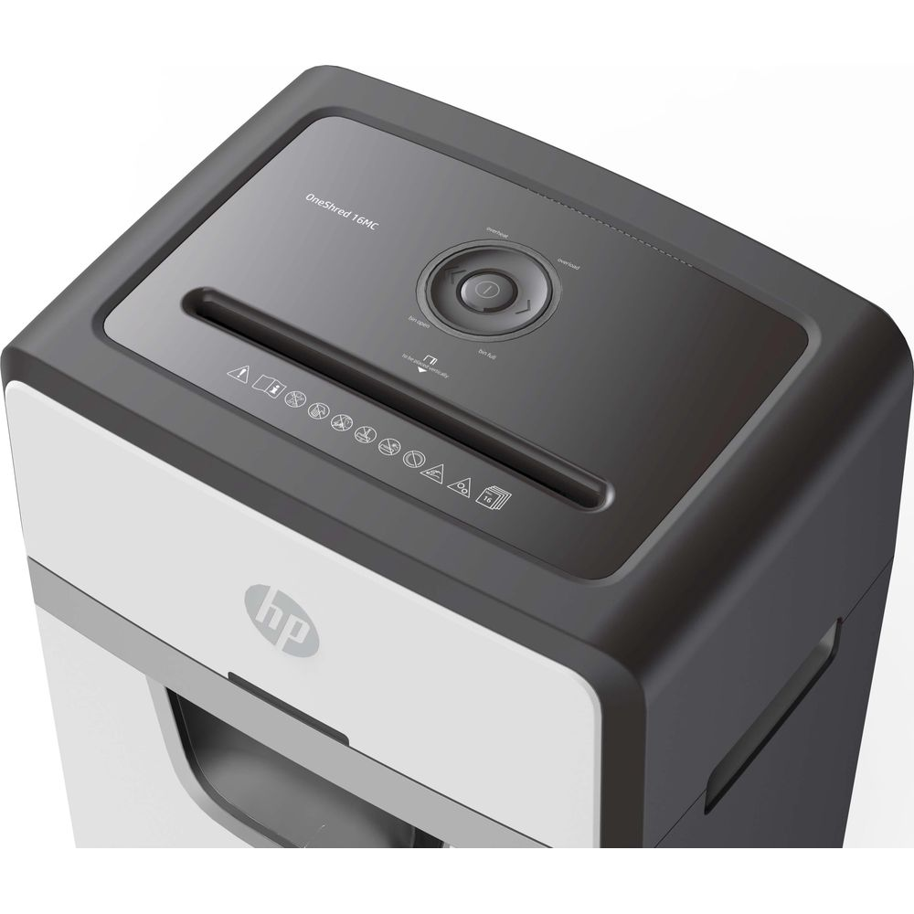 Un distruggidocumenti bianco e grigio con logo HP e pulsanti di comando in alto.
