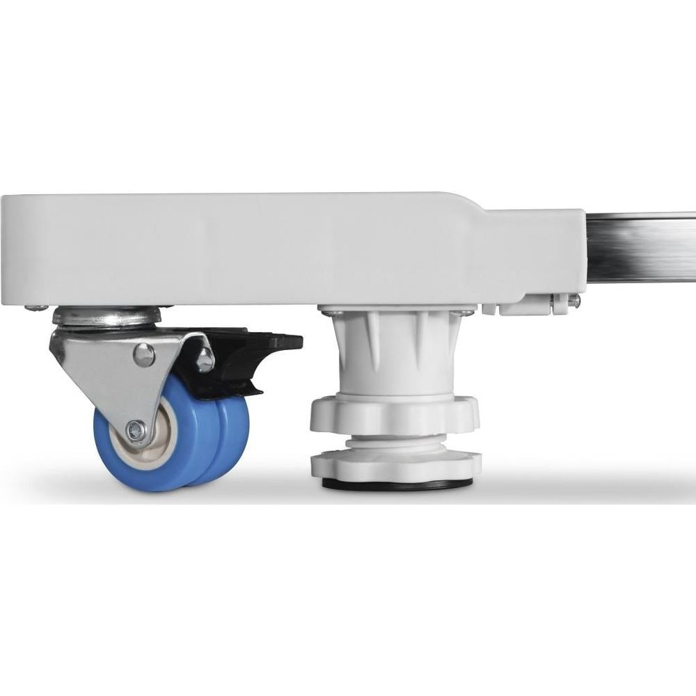 A white base with a blue wheel and an adjustable foot.