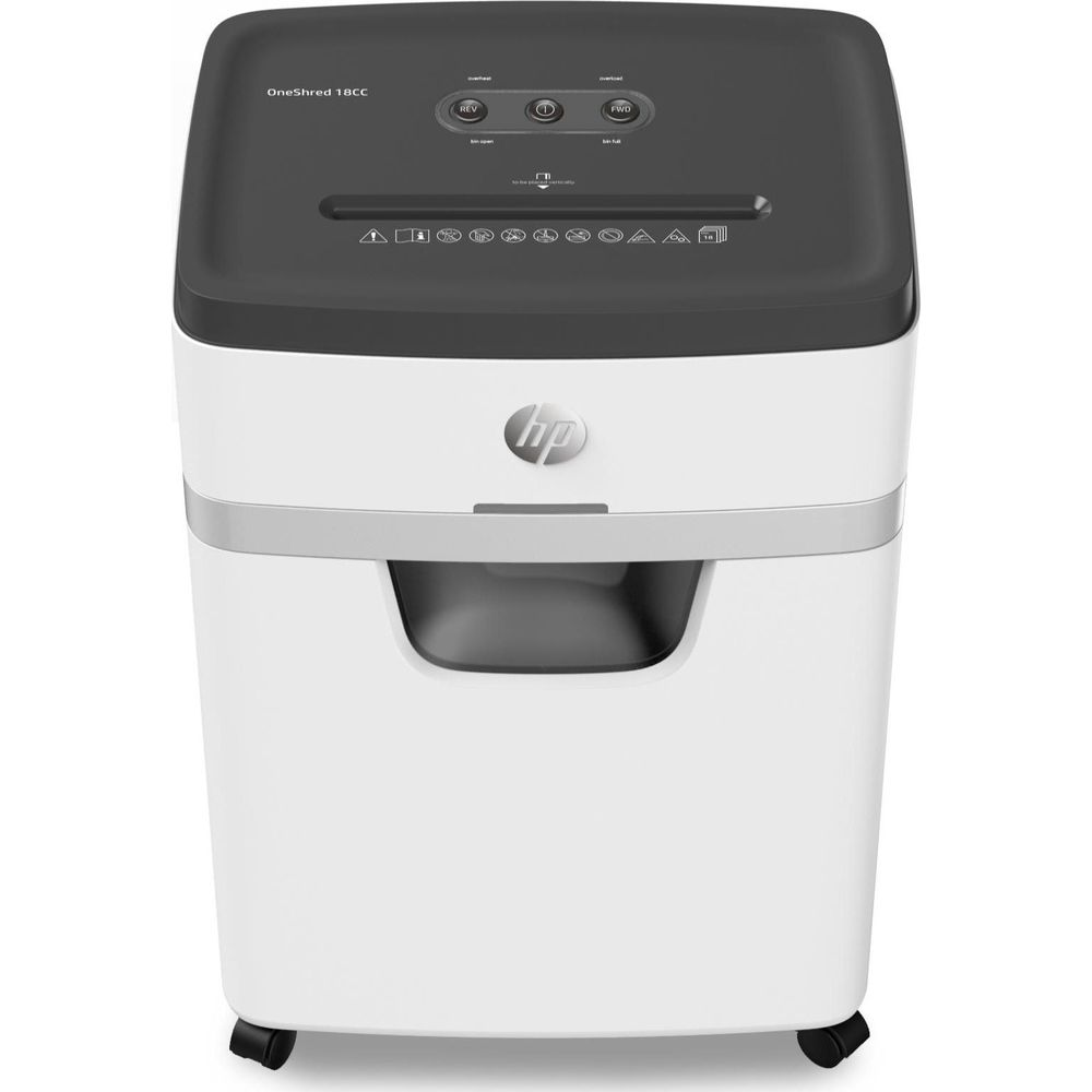 Ein weißer HP-Aktenvernichter mit schwarzem Oberteil und Bedienelementen.