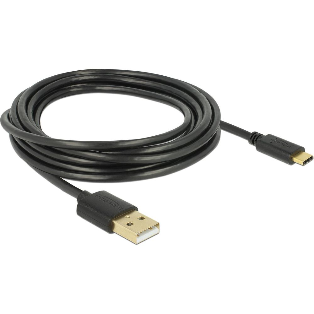 A black USB cable with USB-A and USB-C connectors.