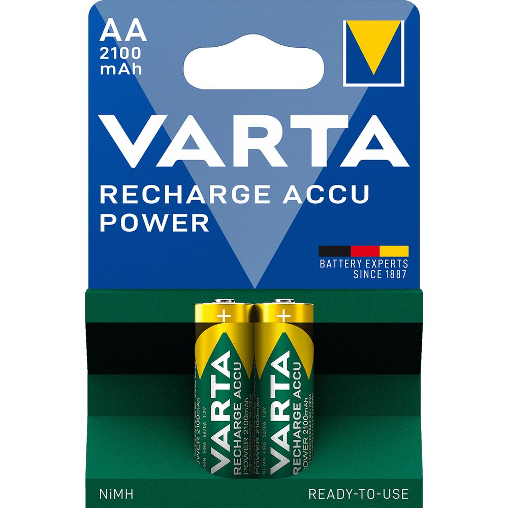 Pack of two Varta AA NiMH rechargeable batteries, 2100mAh.