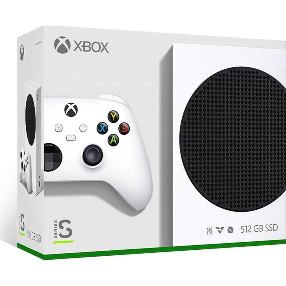 Konsola i kontroler Xbox Series S w kolorze białym, z czarnym okrągłym otworem wentylacyjnym.