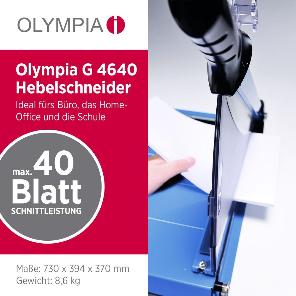 Olympia Hebelschneider schneidet bis zu 40 Blatt Papier. Blau mit weißem Papier.