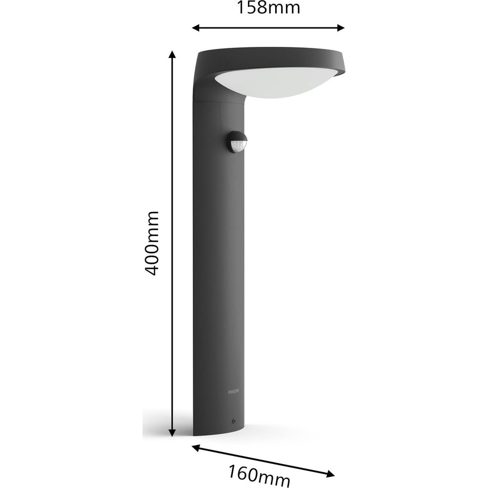 Lampada da esterno grigia con sensore di movimento, alta 40cm, larga 16cm.