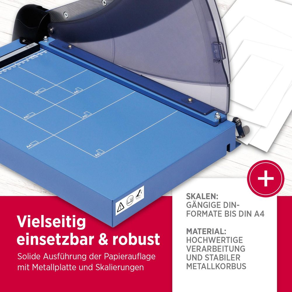 Ein blauer Papierschneider mit Skalen für DIN-Formate bis A4.