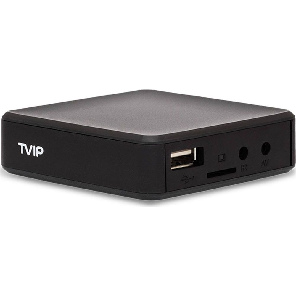 Schwarzer TVIP-Media-Player mit USB-, SD-, IR- und AV-Anschlüssen.