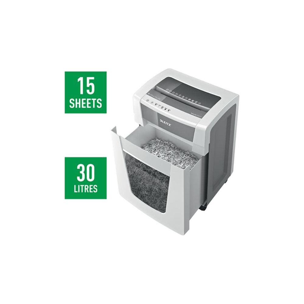 Déchiqueteuse Leitz: 15 feuilles, bac de 30 litres.