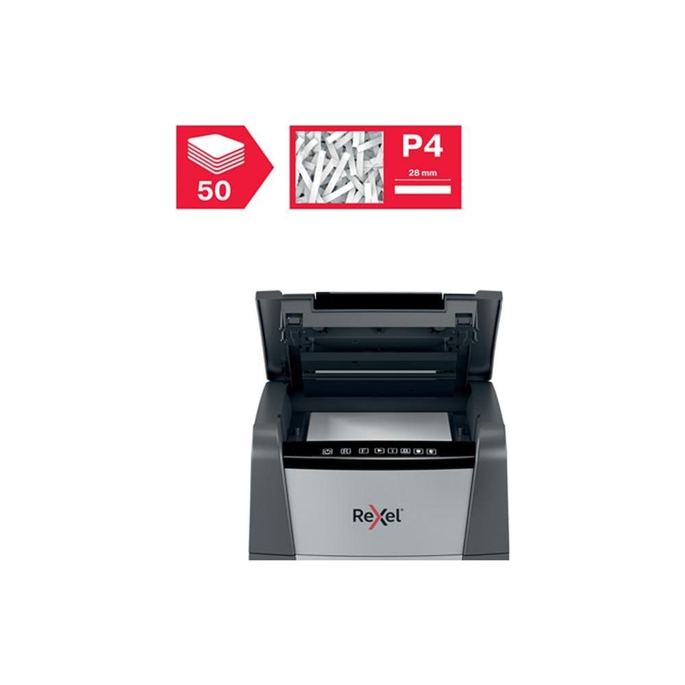 Ein Rexel-Aktenvernichter mit geöffnetem Deckel und Info-Icons.