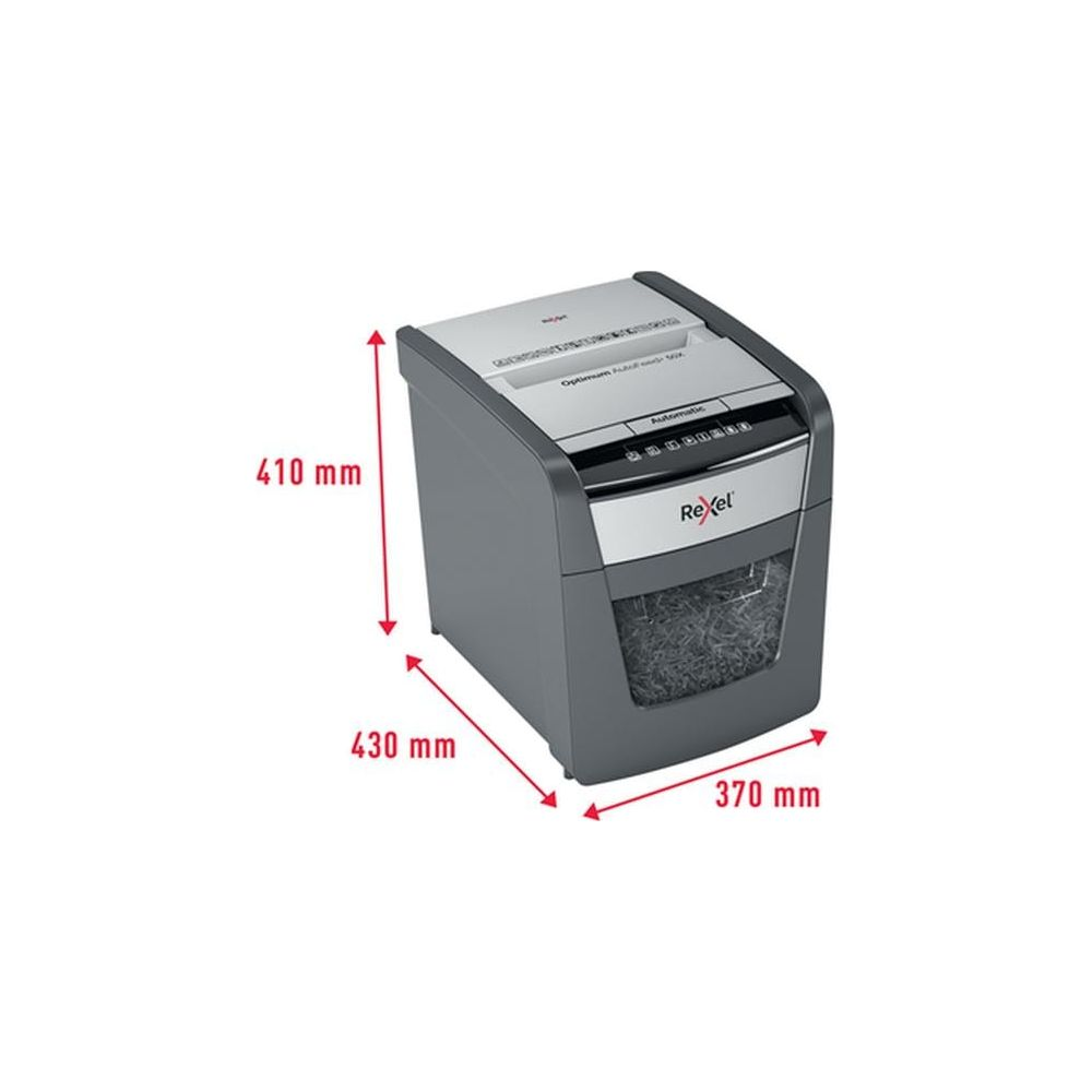 Ein grauer Rexel Aktenvernichter mit Maßen 410x430x370 mm.