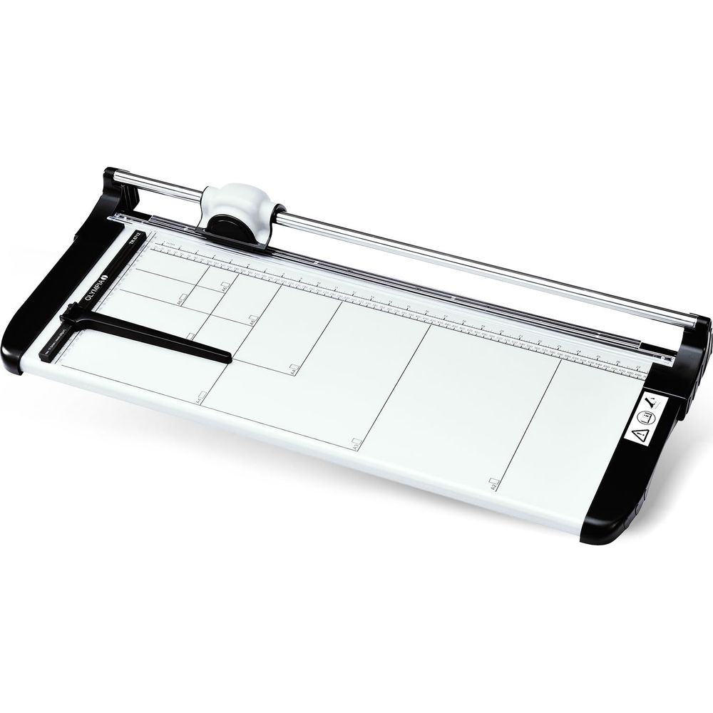 Biała gilotyna do papieru z czarnym uchwytem i metalową belką.