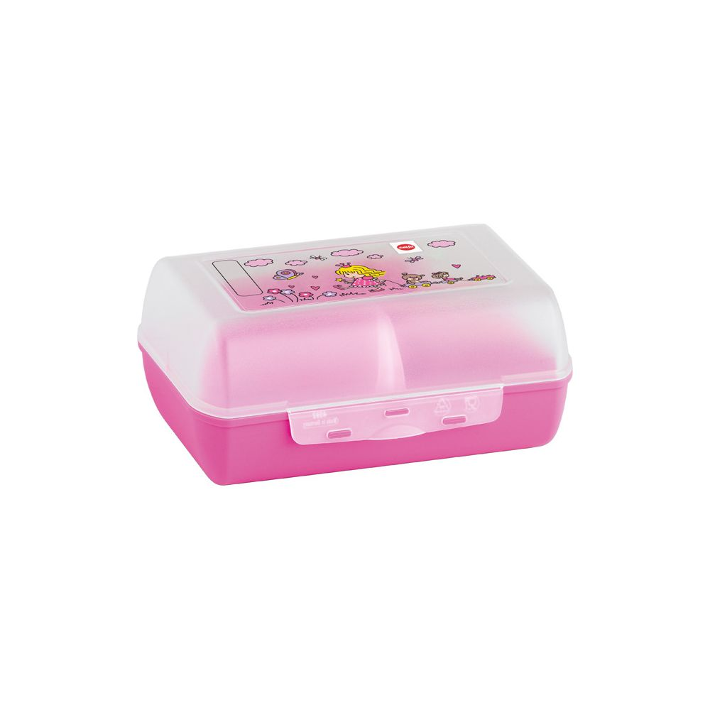 Eine rosa Brotdose mit transparentem Deckel und Prinzessinnenmotiv.