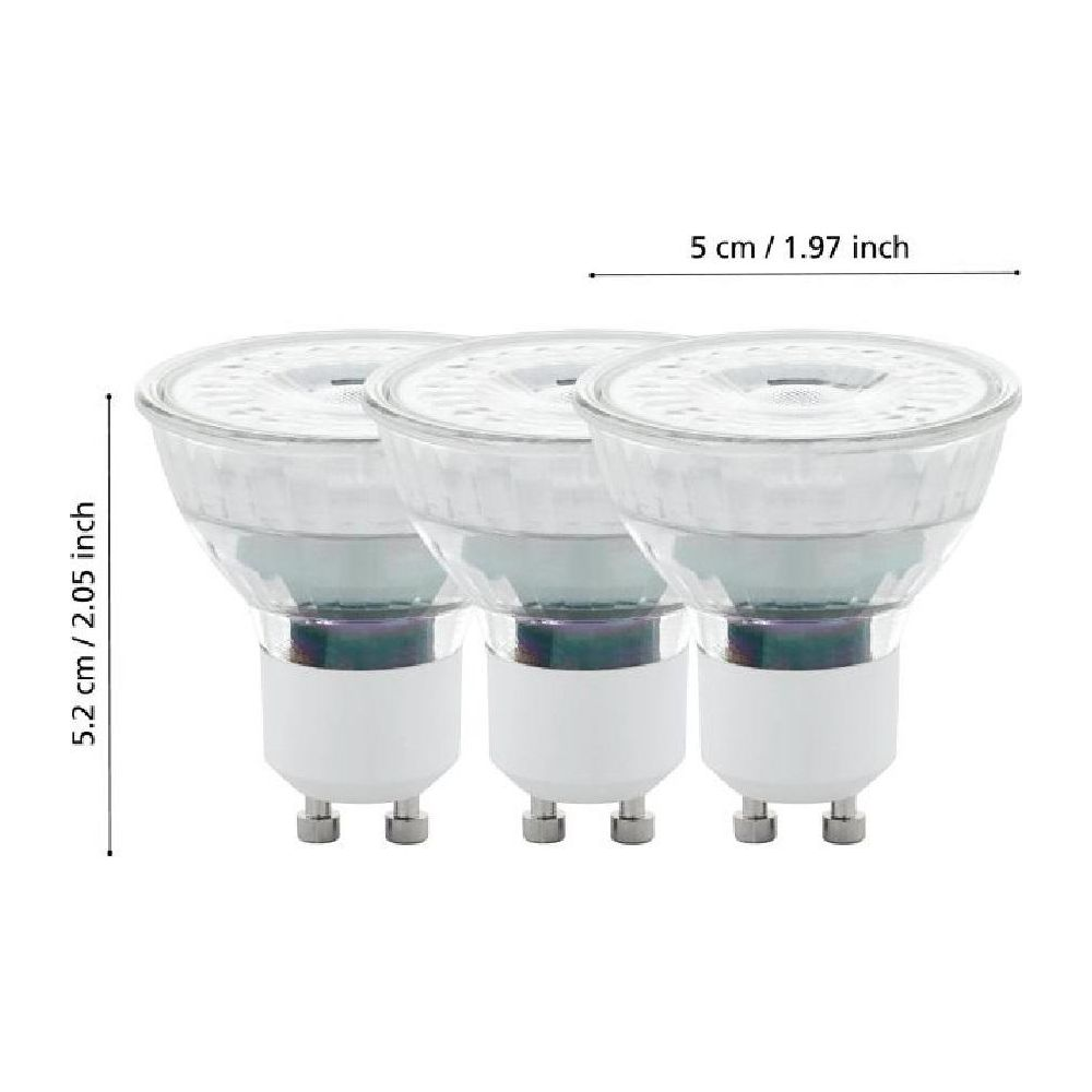 Trois spots LED avec bases blanches et dômes en verre transparent sur fond blanc.